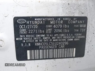 2020 Hyundai Ioniq Limited with VIN KMHC05LC5LU240296, listed as a IAAI auction lot 41828416 with 71,276 mi miles and . Bid and sale history available at DreamBid. Image 9.