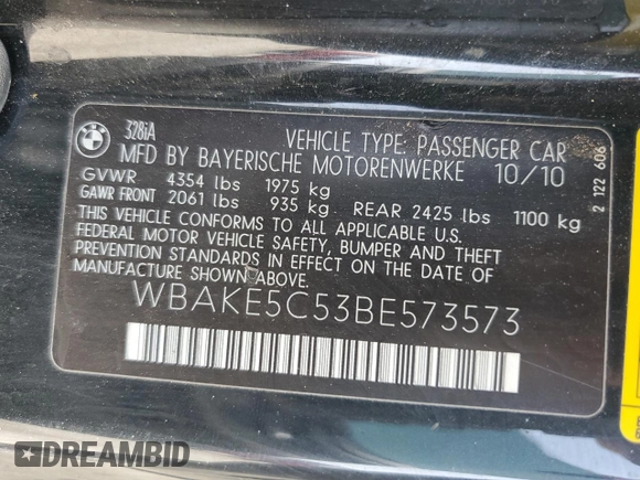 2011 BMW 3 Series 328i with VIN WBAKE5C53BE573573, listed as a Copart auction lot 71417684 with 191,413 mi miles and Salvage title. Bid and sale history available at DreamBid. Image 12.