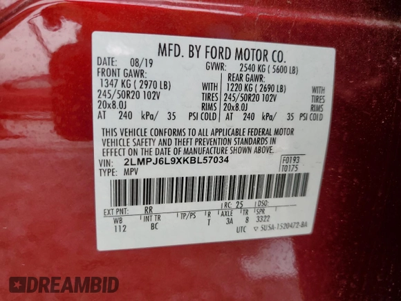 2019 Lincoln Nautilus Reserve z VIN 2LMPJ6L9XKBL57034, wystawiony jako Copart lot #51652415 z przebiegiem 51 302 mil mil oraz Szkoda całkowita • Salvage title. Historia ofert i sprzedaży dostępna na DreamBid. Obrazek 14.