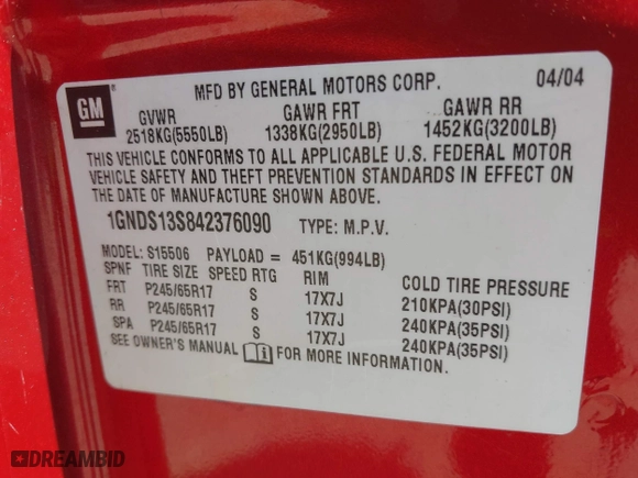 2004 Chevrolet TrailBlazer LT with VIN 1GNDS13S842376090, listed as a IAAI auction lot 42075638 with 112,519 mi miles. Bid and sale history available at carsss.com. Image 9.