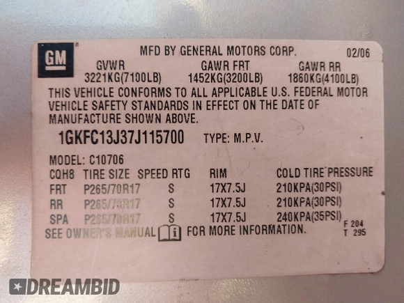 2007 GMC Yukon SLE with VIN 1GKFC13J37J115700, listed as a IAAI auction lot 41389752 with 191,701 mi miles. Bid and sale history available at carsss.com. Image 9.