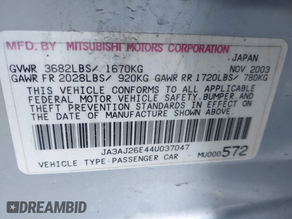 2004 Mitsubishi Lancer ES with VIN JA3AJ26E44U037047, listed as a IAAI auction lot 41545446 with 176,895 mi miles and . Bid and sale history available at DreamBid. Image 9.