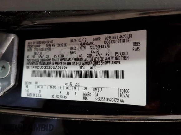 2013 Ford Escape SE with VIN 1FMCU0GX3DUA58859, listed as a Copart auction lot 55581025 with 73,223 mi miles and Clean title. Bid and sale history available at DreamBid. Image 14.