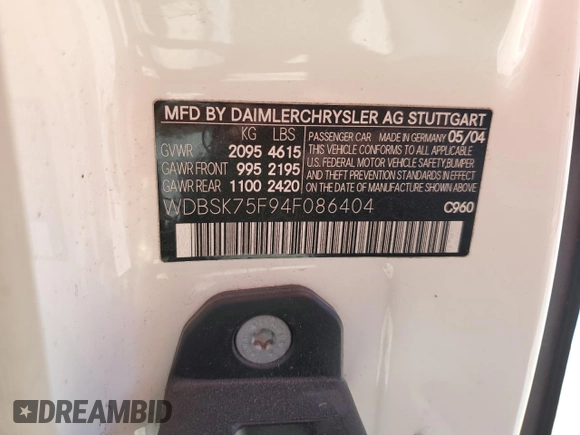 2004 Mercedes-Benz SL 500 z VIN WDBSK75F94F086404, wystawiony jako Copart lot #48960275 z przebiegiem 98 019 mil mil oraz Szkoda całkowita • Salvage title. Historia ofert i sprzedaży dostępna na DreamBid. Obrazek 12.