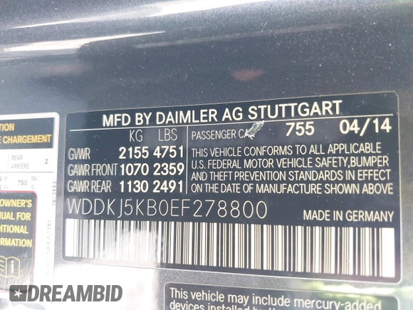 2014 Mercedes-Benz E 350 with VIN WDDKJ5KB0EF278800, listed as a IAAI auction lot 42222800 with 154,170 mi miles and . Bid and sale history available at DreamBid. Image 9.