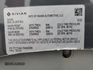 2022 Rivian R1T Launch Edition with VIN 7FCTGAAL7NN002288, listed as a Copart auction lot 43393815 with 46,927 mi miles and Salvage Title. Bid and sale history available at carsss.com. Image 13.