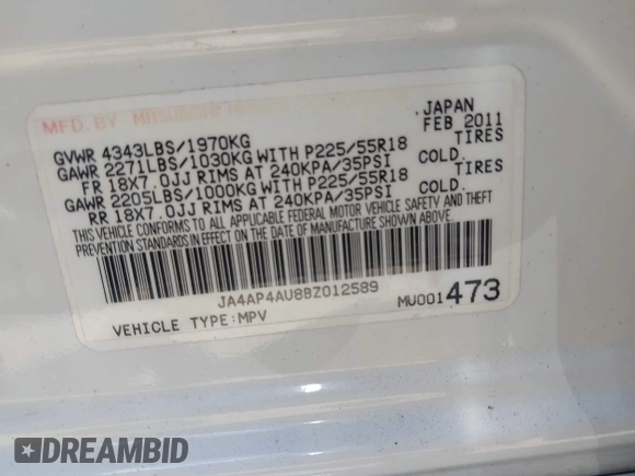 2011 Mitsubishi Outlander SE with VIN JA4AP4AU8BZ012589, listed as a IAAI auction lot 42316134 with 176,450 mi miles and . Bid and sale history available at DreamBid. Image 9.