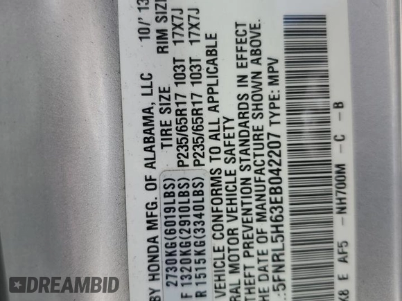 2014 Honda Odyssey EX-L with VIN 5FNRL5H63EB042207, listed as a Copart auction lot 61957605 with 204,563 mi miles and Salvage title. Bid and sale history available at DreamBid. Image 13.