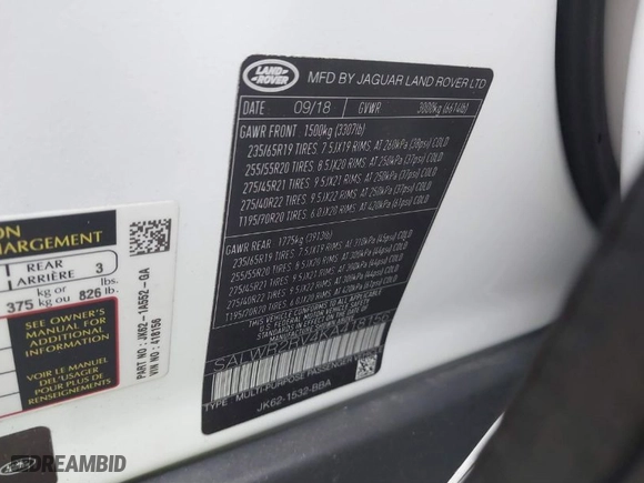 2019 Land Rover Range Rover Sport HSE with VIN SALWR2RV4KA418156, listed as a IAAI auction lot 41378911 with 104,547 mi miles. Bid and sale history available at carsss.com. Image 9.