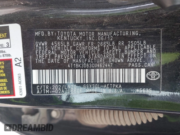 2012 Toyota Avalon z VIN 4T1BK3DB3CU462447, wystawiony jako IAAI lot #42442638 z przebiegiem 195 067 mil mil oraz . Historia ofert i sprzedaży dostępna na DreamBid. Obrazek 9.