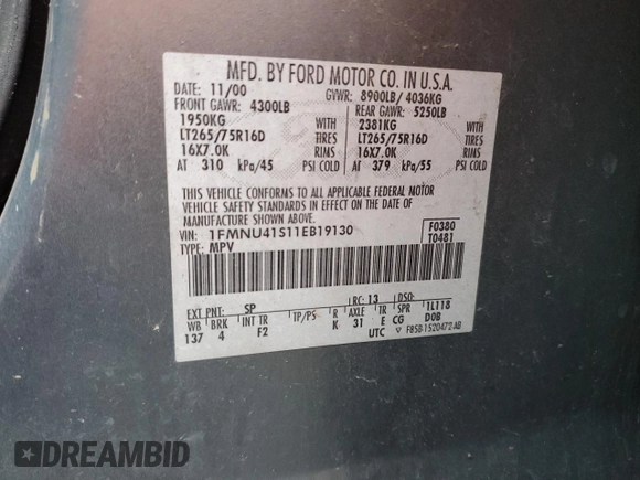 2001 Ford Excursion XLT с VIN 1FMNU41S11EB19130, выставлен на аукционе Copart как лот 83005724 с пробегом 306 688 миль миль и Чистый • Clean title. История ставок и продаж доступна на DreamBid. Изображение 12.