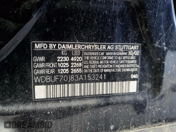 2003 Mercedes-Benz E-Class 5.0L with VIN WDBUF70J83A153241, listed as a Copart auction lot 43629475 with 0 mi miles and Salvage Title. Bid and sale history available at carsss.com. Image 15.