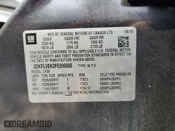 2015 GMC Terrain SLE with VIN 2GKFLVEK2F6399006, listed as a Copart auction lot 64727605 with 111,971 mi miles and Clean title. Bid and sale history available at DreamBid. Image 13.