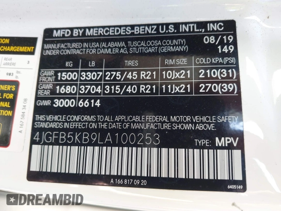 2020 Mercedes-Benz GLE 450 with VIN 4JGFB5KB9LA100253, listed as a IAAI auction lot 40705917 with 50,956 mi miles and . Bid and sale history available at DreamBid. Image 9.