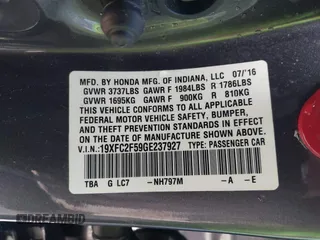 2016 Honda Civic Sedan LX with VIN 19XFC2F59GE237927, listed as a IAAI auction lot 41096597 with 86,658 mi miles. Bid and sale history available at carsss.com. Image 9.
