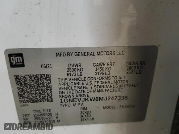 2021 Chevrolet Traverse RS with VIN 1GNEVJKW8MJ247336, listed as a Copart auction lot 65919404 with 48,202 mi miles and Salvage Title. Bid and sale history available at carsss.com. Image 16.