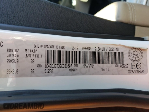 2016 Dodge Durango Citadel Anodized Platinum z VIN 1C4SDJET3GC331007, wystawiony jako Copart lot #48716265 z przebiegiem 207 202 mil mil oraz Szkoda całkowita • Salvage title. Historia ofert i sprzedaży dostępna na DreamBid. Obrazek 13.