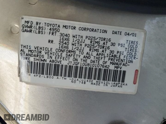 2001 Lexus RX 300 with VIN JTJGF10U810107642, listed as a Copart auction lot 70199364 with 130,026 mi miles and Salvage Title. Bid and sale history available at carsss.com. Image 12.