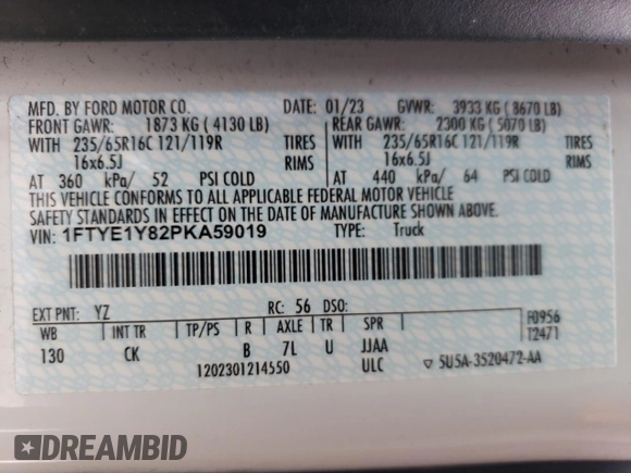 2023 Ford Transit Cargo with VIN 1FTYE1Y82PKA59019, listed as a Copart auction lot 81669074 with 56,345 mi miles and Salvage Title. Bid and sale history available at DreamBid. Image 13.
