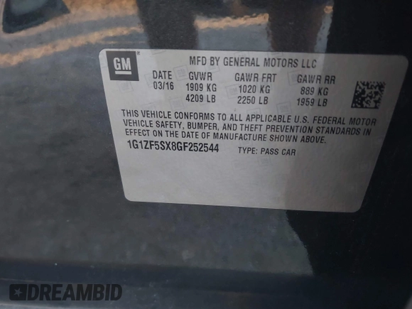 2016 Chevrolet Malibu LT with VIN 1G1ZF5SX8GF252544, listed as a IAAI auction lot 41667297 with 135,910 mi miles and . Bid and sale history available at DreamBid. Image 9.