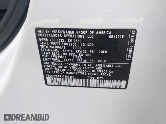 2018 Volkswagen Atlas S z VIN 1V2AP2CA7JC599090, wystawiony jako IAAI lot #42419230 z przebiegiem 81 176 mil mil oraz . Historia ofert i sprzedaży dostępna na DreamBid. Obrazek 9.