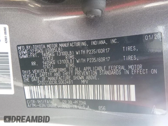2020 Toyota Sienna L with VIN 5TDZZ3DC8LS063481, listed as a IAAI auction lot 42628496 with 50,382 mi miles and . Bid and sale history available at DreamBid. Image 12.