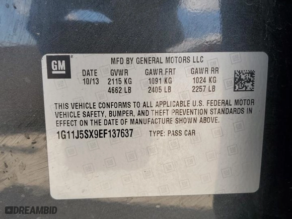 2014 Chevrolet Malibu LTZ with VIN 1G11J5SX9EF137637, listed as a Copart auction lot 47409825 with 125,622 mi miles and Clean Title. Bid and sale history available at carsss.com. Image 13.