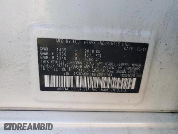 2013 Subaru Legacy Limited with VIN 4S3BMBK66D3005184, listed as a Copart auction lot 54180575 with 160,395 mi miles and Salvage Title. Bid and sale history available at DreamBid. Image 12.