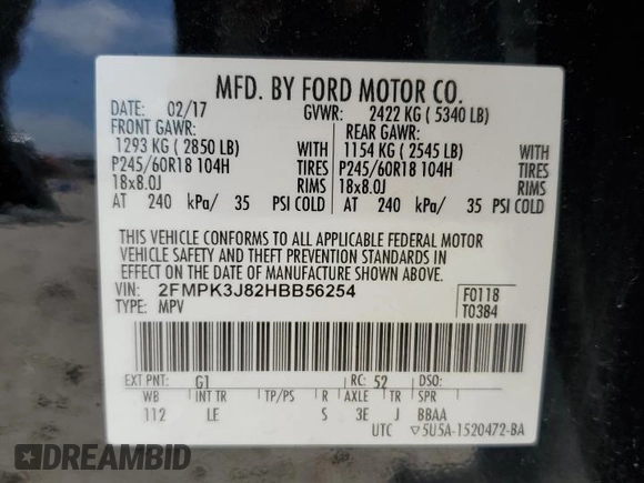 2017 Ford Edge SEL with VIN 2FMPK3J82HBB56254, listed as a Copart auction lot 49453975 with 94,420 mi miles and Salvage Title. Bid and sale history available at carsss.com. Image 13.