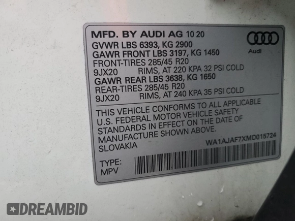 2021 Audi Q7 Premium with VIN WA1AJAF7XMD015724, listed as a Copart auction lot 80276014 with 68,831 mi miles and Salvage Title. Bid and sale history available at carsss.com. Image 15.