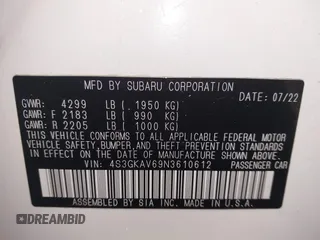 2022 Subaru Impreza Premium with VIN 4S3GKAV69N3610612, listed as a IAAI auction lot 41593844 with 15,777 mi miles and . Bid and sale history available at DreamBid. Image 9.