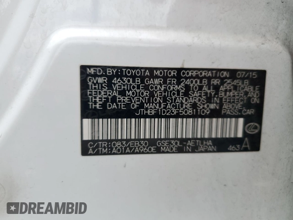 2015 Lexus IS 250 with VIN JTHBF1D23F5081109, listed as a Copart auction lot 55592485 with 164,107 mi miles and Salvage title. Bid and sale history available at DreamBid. Image 13.