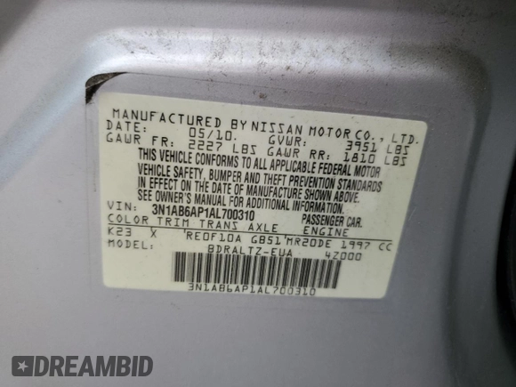 2010 Nissan Sentra S с VIN 3N1AB6AP1AL700310, выставлен на аукционе Copart как лот 50653045 с пробегом Не указан миль и Списание • Salvage title. История ставок и продаж доступна на DreamBid. Изображение 15.