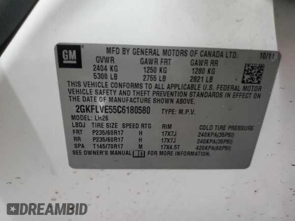 2012 GMC Terrain SLT-1 with VIN 2GKFLVE55C6180580, listed as a Copart auction lot 43970525 with 135,094 mi miles and Salvage Title. Bid and sale history available at carsss.com. Image 13.