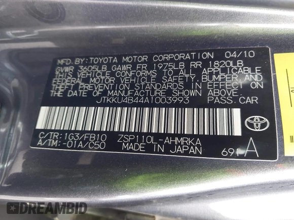 2010 Scion xD with VIN JTKKU4B44A1003993, listed as a IAAI auction lot 42120495 with 71,118 mi miles. Bid and sale history available at carsss.com. Image 9.