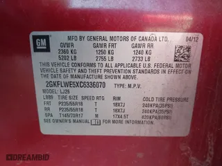 2012 GMC Terrain SLT-2 with VIN 2GKFLWE5XC6336070, listed as a IAAI auction lot 41732262 with 186,575 mi miles. Bid and sale history available at carsss.com. Image 9.