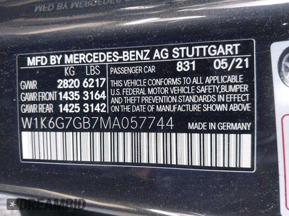2021 Mercedes-Benz S 580 with VIN W1K6G7GB7MA057744, listed as a IAAI auction lot 41489408 with Not Provided miles and . Bid and sale history available at DreamBid. Image 9.