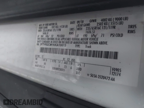 2019 Ford Transit with VIN 1FTYR2CM1KKA10613, listed as a IAAI auction lot 41898428 with 442,144 mi miles. Bid and sale history available at carsss.com. Image 9.