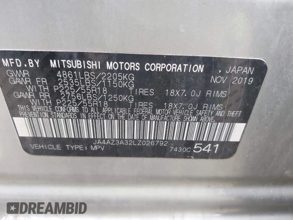 2020 Mitsubishi Outlander ES z VIN JA4AZ3A32LZ026792, wystawiony jako IAAI lot #41907596 z przebiegiem 145 638 mil mil oraz . Historia ofert i sprzedaży dostępna na DreamBid. Obrazek 9.