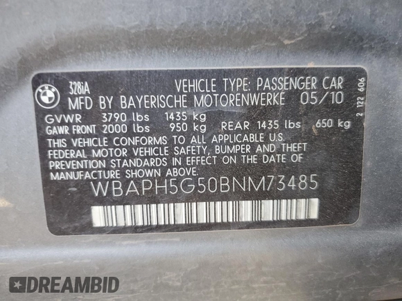 2011 BMW 3 Series 328i with VIN WBAPH5G50BNM73485, listed as a Copart auction lot 46947395 with 123,827 mi miles and Salvage Title. Bid and sale history available at carsss.com. Image 12.