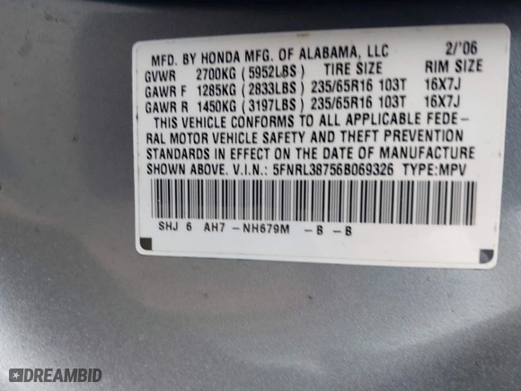 2006 Honda Odyssey EX-L with VIN 5FNRL38756B069326, listed as a IAAI auction lot 42017107 with 169,402 mi miles. Bid and sale history available at carsss.com. Image 9.