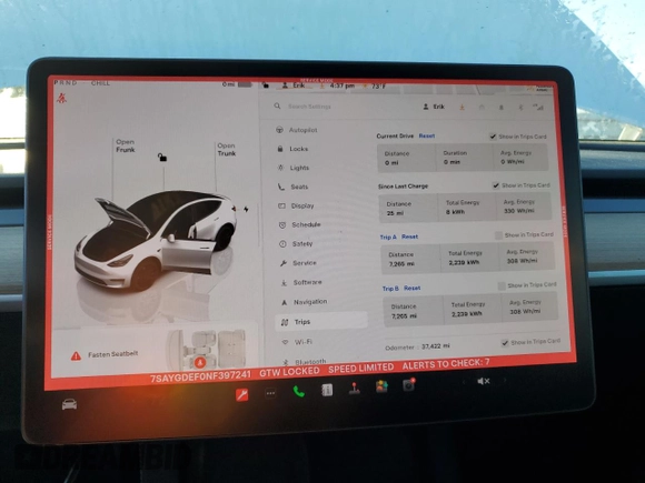 2022 Tesla Model Y Performance with VIN 7SAYGDEF0NF397241, listed as a Copart auction lot 46488005 with 37,422 mi miles and Salvage Title. Bid and sale history available at DreamBid. Image 9.