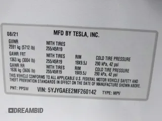 2021 Tesla Model Y Long Range with VIN 5YJYGAEE2MF260142, listed as a IAAI auction lot 41808666 with 87,316 mi miles and . Bid and sale history available at DreamBid. Image 9.