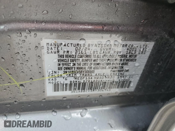 2024 Nissan Sentra SV with VIN 3N1AB8CV5RY306945, listed as a Copart auction lot 46092895 with Not Provided miles and Non Repairable. Bid and sale history available at DreamBid. Image 12.