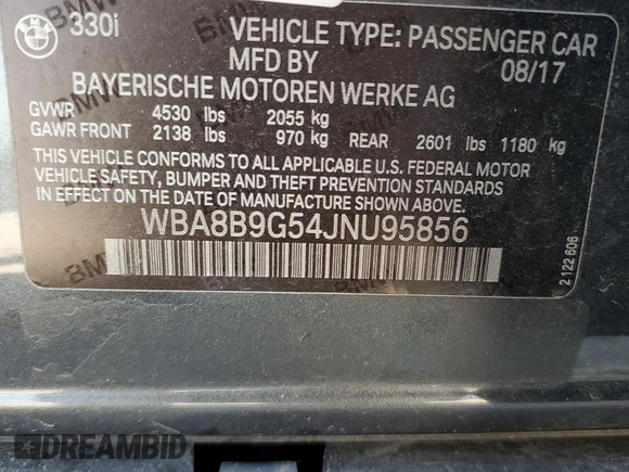 2018 BMW 3 Series 330i with VIN WBA8B9G54JNU95856, listed as a Copart auction lot 58526465 with 93,746 mi miles and Salvage title. Bid and sale history available at DreamBid. Image 13.