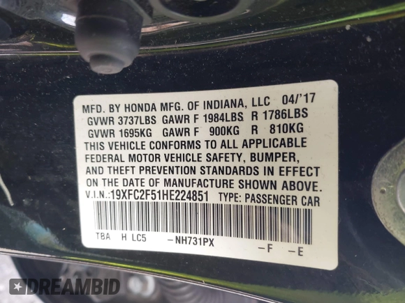 2017 Honda Civic Sedan LX with VIN 19XFC2F51HE224851, listed as a IAAI auction lot 41880127 with 94,934 mi miles. Bid and sale history available at carsss.com. Image 9.