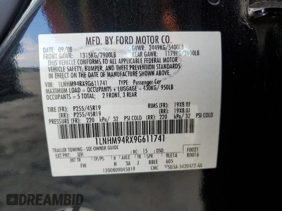 2009 Lincoln MKS with VIN 1LNHM94RX9G611741, listed as a Copart auction lot 52603085 with 89,136 mi miles and Salvage Title. Bid and sale history available at carsss.com. Image 12.