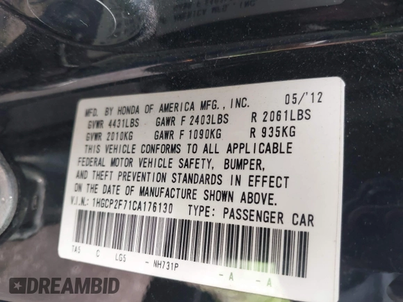 2012 Honda Accord EX with VIN 1HGCP2F71CA176130, listed as a IAAI auction lot 41908489 with 145,793 mi miles and . Bid and sale history available at DreamBid. Image 9.