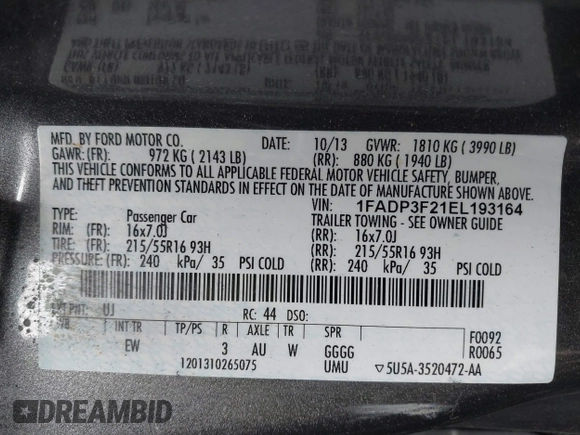 2014 Ford Focus SE with VIN 1FADP3F21EL193164, listed as a IAAI auction lot 41882924 with 122,469 mi miles. Bid and sale history available at carsss.com. Image 9.