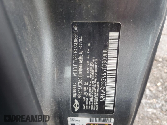 2005 MINI Hardtop S с VIN WMWRE33465TD90908, выставлен на аукционе Copart как лот 50671585 с пробегом Не указан миль и Списание • Salvage title. История ставок и продаж доступна на DreamBid. Изображение 12.